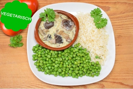 Bospaddenstoelenragout met doperwten en zilvervliesrijst