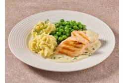 Natriumarme zalmfilet in dillesaus met spinazie- en doperwtenmix en aardappelpuree