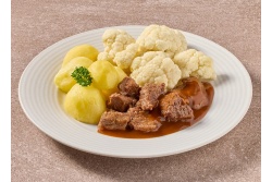 Natriumarme runderstoofvlees met bloemkool en gekookte aardappelen
