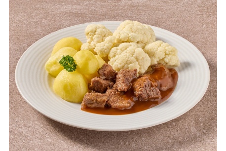 Natriumarme runderstoofvlees met bloemkool en gekookte aardappelen